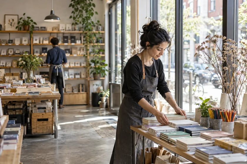 A stationery shop owner prepares a display at opening time.